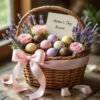 Beautiful Mother's Day gift basket filled with pastel-colored chocolates, pink roses, lavender, and a heartfelt note, perfect for celebrating moms.