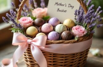 Beautiful Mother's Day gift basket filled with pastel-colored chocolates, pink roses, lavender, and a heartfelt note, perfect for celebrating moms.