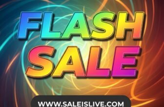 Bright and colorful flash sale announcement with swirling neon lights, promoting limited-time discounts on various products at SaleIsLive.com.