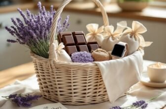 Elegant Mother’s Day gift basket with chocolates, lavender, and personalized items, perfect for celebrating moms in 2026.