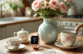 Elegant tea set with floral design and a smartwatch on a wooden table, perfect for Mother’s Day gifts.