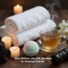 Cozy spa gift setup with towels, tea, candles, and bath bombs for a relaxing Mother's Day surprise. Perfect for pampering moms with soothing self-care gifts.