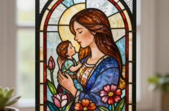 Beautiful stained glass artwork of a mother and child, perfect for Mother’s Day gifts. Handcrafted colorful glass design highlighting love and family bonds.