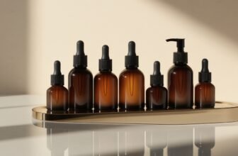 An array of amber glass dropper bottles containing high-end skincare serums and oils, arranged on a sleek, modern tray with soft natural lighting highlighting their elegant design.