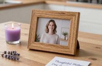 Beautiful framed photo of a smiling woman on a wooden table, with a lavender candle and a handwritten note for Mother’s Day.