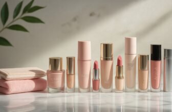 Collection of pink and nude beauty products including lipsticks, skincare, and makeup items arranged on a marble surface with a soft background.