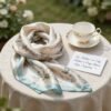 Beautiful floral silk scarf and delicate teacup on a table, perfect for Mother’s Day gift ideas that impress.
