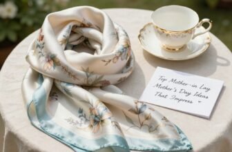 Beautiful floral silk scarf and delicate teacup on a table, perfect for Mother’s Day gift ideas that impress.