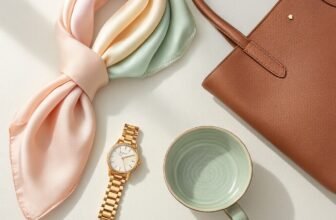 Elegant accessories including a pastel silk scarf, gold watch, ceramic mug, and a brown handbag, perfect for Mother's Day gifts for fashionable moms.