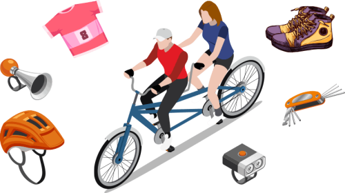 Bike with two riders surrounded by cycling gear, shoes, helmet, and accessories for outdoor sports, showcasing active lifestyle and outdoor adventure gear.